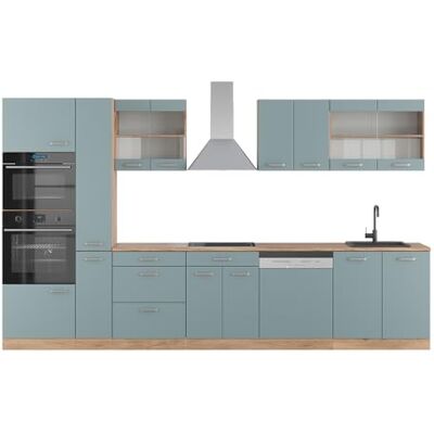 Vicco Cuisine R-Line, Bleu-Gris/chêne doré, 350cm avec Armoire Haute, sans PT, adapté à Une Extension individuelle et à Une Disposition Flexible - Publicité Vicco Cuisine R-Line, Bleu-Gris/chêne doré, 350cm avec Armoire Haute, sans PT, adapté à Une Extension individuelle et à Une Disposition Flexible - Publicité
