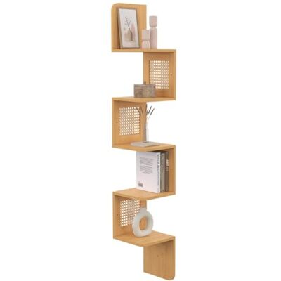 IDMarket Etagère Murale d'angle EDHEN 5 Niveaux Bois et cannage - Publicité IDMarket Etagère Murale d'angle EDHEN 5 Niveaux Bois et cannage - Publicité
