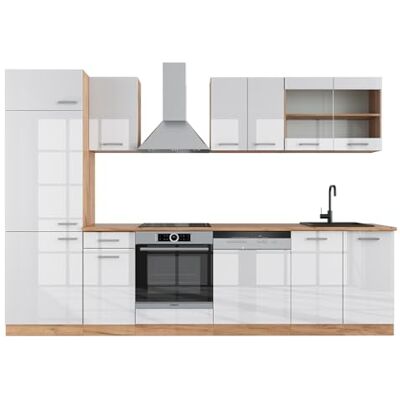 Vicco Cuisine R-Line, Blanc Brillant/Chêne doré, 300cm, PT Chêne, pour Une Disposition Flexible et Une Extension avec des modules supplémentaires - Publicité Vicco Cuisine R-Line, Blanc Brillant/Chêne doré, 300cm, PT Chêne, pour Une Disposition Flexible et Une Extension avec des modules supplémentaires - Publicité