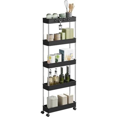 WOLTU Chariot de Rangement 5 Niveaux, Desserte à roulettes Mobile avec 4 Crochets, pour Cuisine, Salle de Bain, Petit Espace, en Plastique et Métal, 41,5 x 112 x 13,5 cm, Noir - Publicité WOLTU Chariot de Rangement 5 Niveaux, Desserte à roulettes Mobile avec 4 Crochets, pour Cuisine, Salle de Bain, Petit Espace, en Plastique et Métal, 41,5 x 112 x 13,5 cm, Noir - Publicité