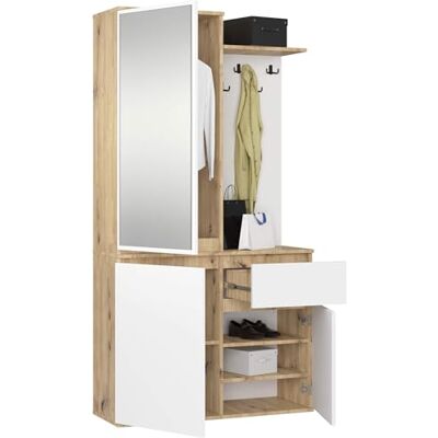 AKORD Ensemble de Vestiaire d'Entrée avec Miroir 95 cm, 3 Portes, 1 Tiroir, 7 Étagères Meuble d'Entrée Optimum pour Petits Espaces Couloir ou Entrée Étroit Chêne-Artisanal & Blanc - Publicité AKORD Ensemble de Vestiaire d'Entrée avec Miroir 95 cm, 3 Portes, 1 Tiroir, 7 Étagères Meuble d'Entrée Optimum pour Petits Espaces Couloir ou Entrée Étroit Chêne-Artisanal & Blanc - Publicité