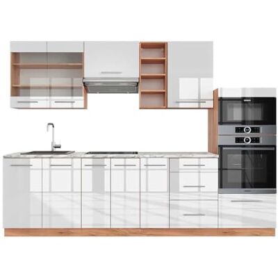 Vicco Cuisine Fame-Line, Blanc Brillant/Chêne doré, 280cm, PT Marbre, pour Une Extension personnalisée avec des modules compatibles - Publicité Vicco Cuisine Fame-Line, Blanc Brillant/Chêne doré, 280cm, PT Marbre, pour Une Extension personnalisée avec des modules compatibles - Publicité