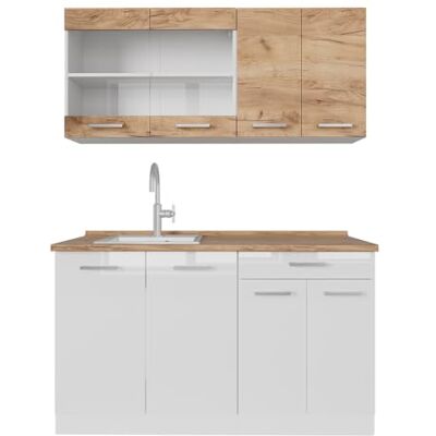 Vicco Cuisine R-Line, Chêne doré/Blanc, 140cm armoires Bicolores, PT Chêne, adapté aux Petits espaces, Extensible de façon modulaire - Publicité Vicco Cuisine R-Line, Chêne doré/Blanc, 140cm armoires Bicolores, PT Chêne, adapté aux Petits espaces, Extensible de façon modulaire - Publicité