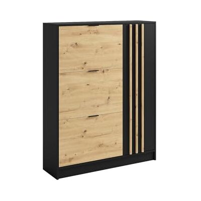 Unique Meuble à Chaussures avec 1 Porte et 3 Compartiments abattants Naturel et Noir JANAKIA - Publicité Unique Meuble à Chaussures avec 1 Porte et 3 Compartiments abattants Naturel et Noir JANAKIA - Publicité