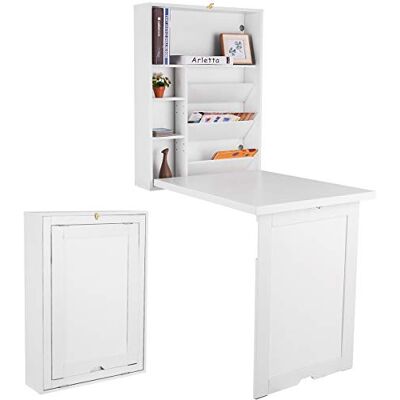 COSTWAY Bureau Mural Rabattable Table Murale Pliable en MDF Meuble de Rangement avec Etagère Intégrée 82 x 16 x 60 CM (Blanc) - Publicité COSTWAY Bureau Mural Rabattable Table Murale Pliable en MDF Meuble de Rangement avec Etagère Intégrée 82 x 16 x 60 CM (Blanc) - Publicité