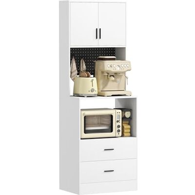 HOMCOM Meuble auxiliaire de cuisine, buffet de cuisine avec support pour micro-ondes, 2 tiroirs, 2 portes, étagère réglable et panneau perforé en métal avec 4 crochets, pour salon, 60 x 40 x 170 cm - Publicité HOMCOM Meuble auxiliaire de cuisine, buffet de cuisine avec support pour micro-ondes, 2 tiroirs, 2 portes, étagère réglable et panneau perforé en métal avec 4 crochets, pour salon, 60 x 40 x 170 cm - Publicité