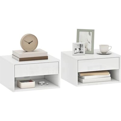 HOMCOM Lot de 2 Tables de Chevet murales, Tables de Nuit suspendues avec tiroir Coulissant, Compartiment Ouvert, Plateau, Style Moderne, 37 x 32 x 21 cm, Blanc - Publicité HOMCOM Lot de 2 Tables de Chevet murales, Tables de Nuit suspendues avec tiroir Coulissant, Compartiment Ouvert, Plateau, Style Moderne, 37 x 32 x 21 cm, Blanc - Publicité