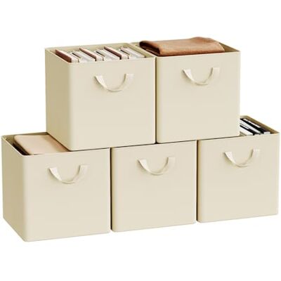 WOLTU Lot de 5 Cubes de Rangement Pliables, Boîtes de Rangement en Tissu, avec Poignée et Cadre en Métal, Crème, 29,5x29,5x28,5cm - Publicité WOLTU Lot de 5 Cubes de Rangement Pliables, Boîtes de Rangement en Tissu, avec Poignée et Cadre en Métal, Crème, 29,5x29,5x28,5cm - Publicité