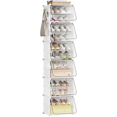 WOLTU Étagère à chaussures, meuble à chaussures avec 12 compartiments, peu encombrant, avec crochets, rangement en plastique pour chaussures, pour couloir, chambre, entrée, rangement de chaussures - Publicité WOLTU Étagère à chaussures, meuble à chaussures avec 12 compartiments, peu encombrant, avec crochets, rangement en plastique pour chaussures, pour couloir, chambre, entrée, rangement de chaussures - Publicité