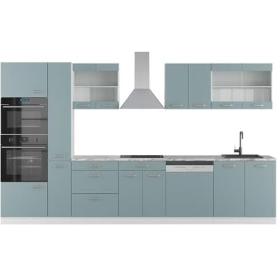 Vicco Cuisine R-Line, Bleu-Gris/Blanc, 350cm avec Armoire Haute, sans PT, adapté à Une Disposition et Une Extension personnalisées - Publicité Vicco Cuisine R-Line, Bleu-Gris/Blanc, 350cm avec Armoire Haute, sans PT, adapté à Une Disposition et Une Extension personnalisées - Publicité