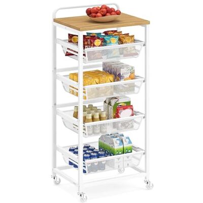 VASAGLE Chariot de Rangement à 5 Niveaux, avec Paniers Extractibles, Étagère de Cuisine avec roulettes, avec Poignée, 31,7 x 40 x 95 cm, Doré Chêne et Blanc Mat LRC041YA01 - Publicité VASAGLE Chariot de Rangement à 5 Niveaux, avec Paniers Extractibles, Étagère de Cuisine avec roulettes, avec Poignée, 31,7 x 40 x 95 cm, Doré Chêne et Blanc Mat LRC041YA01 - Publicité