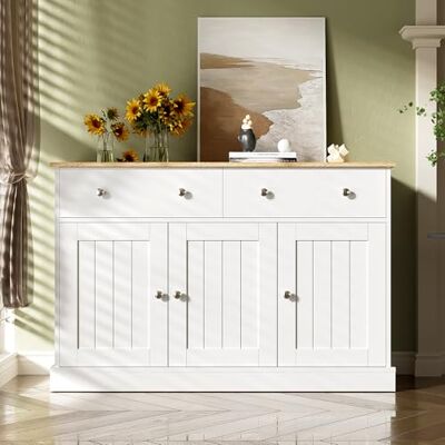 BTM Buffet de Salle à Manger, Buffet Salon Texturées Sculptées, Armoire de Rangement avec 3 Portes et 2 Tiroirs, pour Salle à Manger, Poignées en Argent, 120x36x80.5cm, Blanc - Publicité BTM Buffet de Salle à Manger, Buffet Salon Texturées Sculptées, Armoire de Rangement avec 3 Portes et 2 Tiroirs, pour Salle à Manger, Poignées en Argent, 120x36x80.5cm, Blanc - Publicité