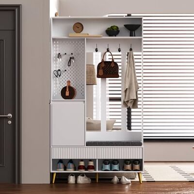 Merax Porte-manteau avec banc et range-chaussures pour couloir, garde-robe avec banc, range-chaussures, 4 crochets, casier, 2 tiroirs, mur perforé pratique, porte-manteau pour entrée, 100×35×180 cm - Publicité Merax Porte-manteau avec banc et range-chaussures pour couloir, garde-robe avec banc, range-chaussures, 4 crochets, casier, 2 tiroirs, mur perforé pratique, porte-manteau pour entrée, 100×35×180 cm - Publicité