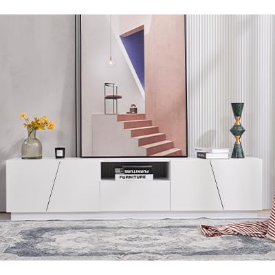 Merax Meuble TV de 170 cm : style patchwork diagonal, blanc brillant et panneaux en bois, élégant et robuste (170 x 37 x 42 cm) - Publicité Merax Meuble TV de 170 cm : style patchwork diagonal, blanc brillant et panneaux en bois, élégant et robuste (170 x 37 x 42 cm) - Publicité