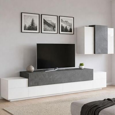 Dmora Unité murale Ruben, ensemble de salon meuble TV, meuble de salon polyvalent, 100% Made in Italy, 240x45h180 cm, blanc brillant et ardoise - Publicité Dmora Unité murale Ruben, ensemble de salon meuble TV, meuble de salon polyvalent, 100% Made in Italy, 240x45h180 cm, blanc brillant et ardoise - Publicité