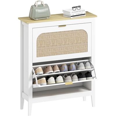 HOMCOM Meuble à Chaussures 14 Paires, Armoire à Chaussures étroite bohème avec Portes Effet rotin cannage, 2 tiroirs rabattables et étagères Ajustables, pour entrée et Couloir, 80x24x95,5cm, Blanc - Publicité HOMCOM Meuble à Chaussures 14 Paires, Armoire à Chaussures étroite bohème avec Portes Effet rotin cannage, 2 tiroirs rabattables et étagères Ajustables, pour entrée et Couloir, 80x24x95,5cm, Blanc - Publicité