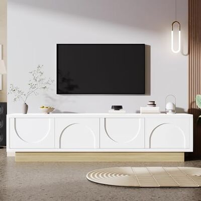 BTM Meuble TV Blanc Imitation Bois 175 cm, Design Courbe Minimaliste avec Grand Rangement et Gestion des câbles pour Salon - Publicité BTM Meuble TV Blanc Imitation Bois 175 cm, Design Courbe Minimaliste avec Grand Rangement et Gestion des câbles pour Salon - Publicité