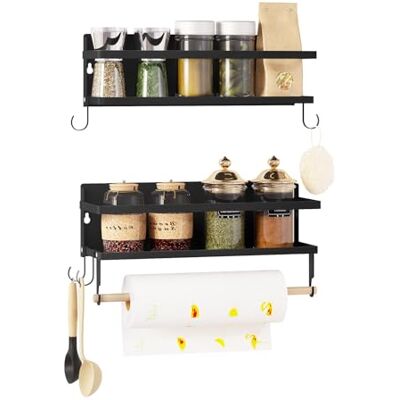WOLTU Étagère Murale Cuisine, Étagère à Épices, Lot de 2, avec Porte-Serviettes, 4 Crochets Amovibles, en Métal, Noir - Publicité WOLTU Étagère Murale Cuisine, Étagère à Épices, Lot de 2, avec Porte-Serviettes, 4 Crochets Amovibles, en Métal, Noir - Publicité