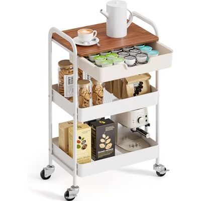 kingrack Desserte à roulettes avec Plateau en Bois, Chariot de Rangement à 3 Niveaux, Convient pour la Cuisine, la Salle de Bain, Le Salon, la Chambre, Antique (Marron) - Publicité kingrack Desserte à roulettes avec Plateau en Bois, Chariot de Rangement à 3 Niveaux, Convient pour la Cuisine, la Salle de Bain, Le Salon, la Chambre, Antique (Marron) - Publicité