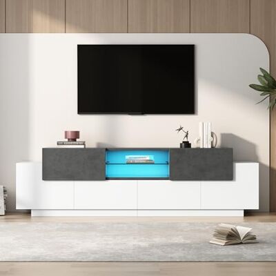 Merax Armoire TV LED blanche avec aspect marbre Meuble bas moderne pour TV de 80/75/70/65/55" Avec étagères en verre Espace de rangement pour salon et chambre à coucher 180 x 40 x 45 cm - Publicité Merax Armoire TV LED blanche avec aspect marbre Meuble bas moderne pour TV de 80/75/70/65/55" Avec étagères en verre Espace de rangement pour salon et chambre à coucher 180 x 40 x 45 cm - Publicité