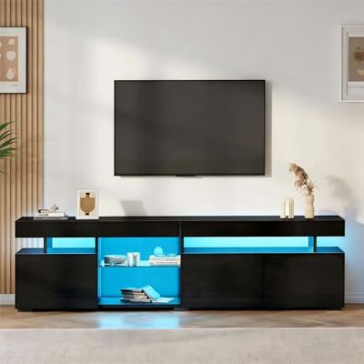 BTM Meuble TV Bas Lowboard Noir Haut Brillant 180×35×45Cm pour TV Jusqu’à 80 Pouces, 3 Portes, Étagères Réglables en Verre Trempé, Panneau De Particules - Publicité BTM Meuble TV Bas Lowboard Noir Haut Brillant 180×35×45Cm pour TV Jusqu’à 80 Pouces, 3 Portes, Étagères Réglables en Verre Trempé, Panneau De Particules - Publicité