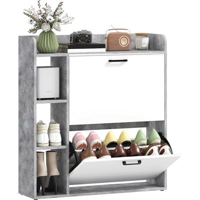 HOMCOM Meuble à Chaussures 15 Paires, Armoire à Chaussures Moderne avec 2 Tiroirs Rabattables, Étagères Réglables, 3 Étagères Latéraux, pour Couloir et Entrée, 83 x 24 x 90,5 cm, Blanc et Gris - Publicité HOMCOM Meuble à Chaussures 15 Paires, Armoire à Chaussures Moderne avec 2 Tiroirs Rabattables, Étagères Réglables, 3 Étagères Latéraux, pour Couloir et Entrée, 83 x 24 x 90,5 cm, Blanc et Gris - Publicité