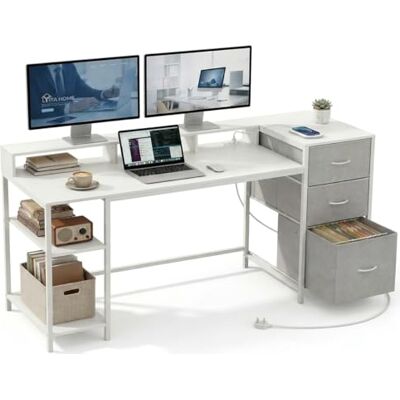 YITAHOME Bureau Ordinateur avec Tiroirs et Prise d'alimentation, 144x50cm Table Gaming avec Support Écran et Étagères, Coin Bureau avec Rangement et Tiroir Classeur, Table Informatique, Blanc - Publicité YITAHOME Bureau Ordinateur avec Tiroirs et Prise d'alimentation, 144x50cm Table Gaming avec Support Écran et Étagères, Coin Bureau avec Rangement et Tiroir Classeur, Table Informatique, Blanc - Publicité