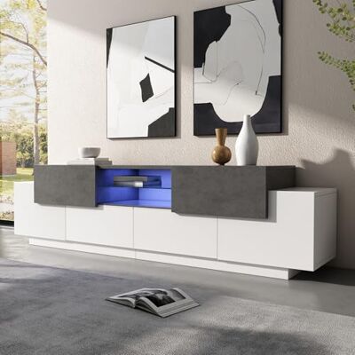 BTM Meuble TV 180 cm, LED Plateaux Verre, Banc TV Meuble Tele Salon Chambre, Console 80-55 Pouces, Blanc Gris - Publicité BTM Meuble TV 180 cm, LED Plateaux Verre, Banc TV Meuble Tele Salon Chambre, Console 80-55 Pouces, Blanc Gris - Publicité