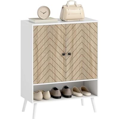 HOMCOM Meuble à chaussures à 2 portes avec design à chevrons, étagère réglable, compartiment ouvert, pour 15 paires de chaussures, 75 x 35 x 97 cm, blanc et naturel, Meuble de Rangement - Publicité HOMCOM Meuble à chaussures à 2 portes avec design à chevrons, étagère réglable, compartiment ouvert, pour 15 paires de chaussures, 75 x 35 x 97 cm, blanc et naturel, Meuble de Rangement - Publicité