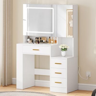 YITAHOME Coiffeuse avec éclairage, tiroirs en Tissu, tiroirs Miroir, luminosité réglable, Coiffeuse avec Portes, Table de Maquillage avec étagère à Bijoux, étagères réglables, Couleur Bois - Publicité YITAHOME Coiffeuse avec éclairage, tiroirs en Tissu, tiroirs Miroir, luminosité réglable, Coiffeuse avec Portes, Table de Maquillage avec étagère à Bijoux, étagères réglables, Couleur Bois - Publicité