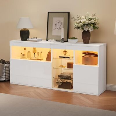 BTM Sideboard Blanc 155.5x35x72 cm LED, 3 Portes 3 Vitrines, Compartiments Grifflos - Publicité BTM Sideboard Blanc 155.5x35x72 cm LED, 3 Portes 3 Vitrines, Compartiments Grifflos - Publicité