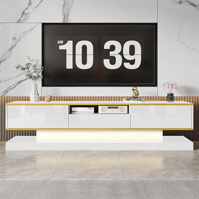 Merax Meuble TV 180 x 38 x 45 cm, avec 3 tiroirs et compartiment ouvert, éclairage LED et touches dorées, meuble bas moderne avec beaucoup d'espace de rangement, pour salon et appareils multimédias - Publicité Merax Meuble TV 180 x 38 x 45 cm, avec 3 tiroirs et compartiment ouvert, éclairage LED et touches dorées, meuble bas moderne avec beaucoup d'espace de rangement, pour salon et appareils multimédias - Publicité
