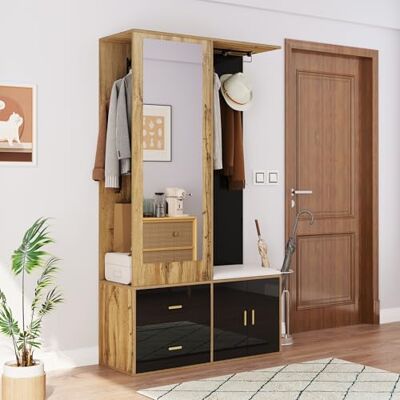 Merax Garde-robe de couloir avec miroir, meuble à chaussures et banc à chaussures, garde-robe compacte avec cintres extensibles, noir et couleur bois - Publicité Merax Garde-robe de couloir avec miroir, meuble à chaussures et banc à chaussures, garde-robe compacte avec cintres extensibles, noir et couleur bois - Publicité