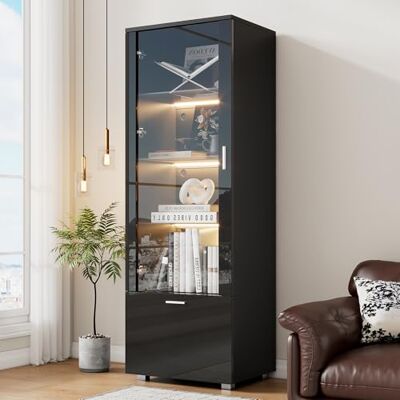 Merax Vitrine moderne avec LED, 3 étagères, tiroir, vitrine haute brillance pour objets de collection, bibliothèque avec porte acrylique, 50 x 40 x 160 cm, noir, pour salon, chambre à coucher - Publicité Merax Vitrine moderne avec LED, 3 étagères, tiroir, vitrine haute brillance pour objets de collection, bibliothèque avec porte acrylique, 50 x 40 x 160 cm, noir, pour salon, chambre à coucher - Publicité