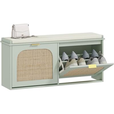 HOMCOM Banc Chaussures entrée, Banc de Rangement étroit, Assise rembourrée, Porte en rotin, 2 tiroirs rabattables et étagères réglables, Style bohème, pour entrée, Couloir, 104 x 26 x 47,5 cm, Vert - Publicité HOMCOM Banc Chaussures entrée, Banc de Rangement étroit, Assise rembourrée, Porte en rotin, 2 tiroirs rabattables et étagères réglables, Style bohème, pour entrée, Couloir, 104 x 26 x 47,5 cm, Vert - Publicité