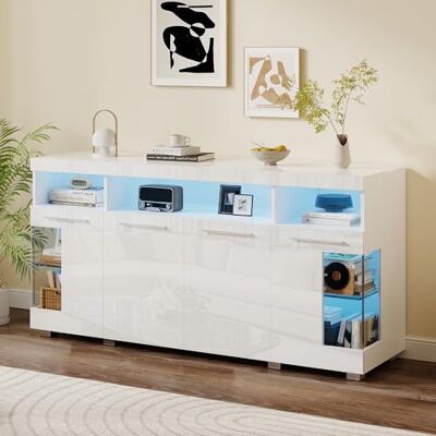Merax Buffet avec éclairage LED Commode brillante avec 4 portes et compartiments de rangement ouverts Armoire polyvalente avec portes en verre Armoire de rangement pour salon, salle à manger - Publicité Merax Buffet avec éclairage LED Commode brillante avec 4 portes et compartiments de rangement ouverts Armoire polyvalente avec portes en verre Armoire de rangement pour salon, salle à manger - Publicité