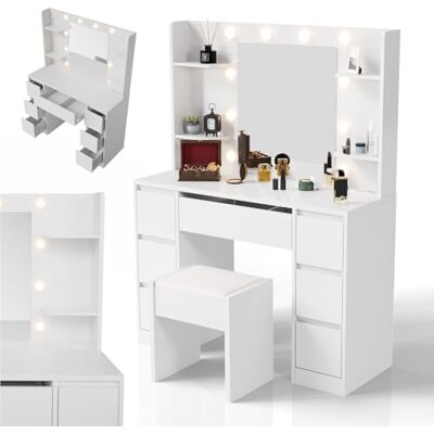 Juskys Coiffeuse Malia avec Miroir LED et Tabouret Tonia, 7 tiroirs, 3 Niveaux de lumière, Grand Espace de Rangement, Design Moderne, compacte & Entretien Facile – idéale pour Maquillage - Publicité Juskys Coiffeuse Malia avec Miroir LED et Tabouret Tonia, 7 tiroirs, 3 Niveaux de lumière, Grand Espace de Rangement, Design Moderne, compacte & Entretien Facile – idéale pour Maquillage - Publicité
