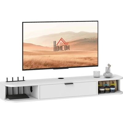 HOMCOM Meuble TV Suspendu 120 cm, Meuble télé pour téléviseur jusqu'à 50 Pouces, tiroir Rabattable, 2 étagères Ouvertes et Passe-câbles, Banc TV Mural pour Salon, Blanc - Publicité HOMCOM Meuble TV Suspendu 120 cm, Meuble télé pour téléviseur jusqu'à 50 Pouces, tiroir Rabattable, 2 étagères Ouvertes et Passe-câbles, Banc TV Mural pour Salon, Blanc - Publicité
