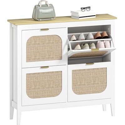 HOMCOM Meuble à Chaussures 20 Paires, Armoire à Chaussures étroite bohème avec Portes Effet rotin cannage, 4 tiroirs rabattables et étagères Ajustables, pour entrée et Couloir, 105x24x95,5cm, Blanc - Publicité HOMCOM Meuble à Chaussures 20 Paires, Armoire à Chaussures étroite bohème avec Portes Effet rotin cannage, 4 tiroirs rabattables et étagères Ajustables, pour entrée et Couloir, 105x24x95,5cm, Blanc - Publicité