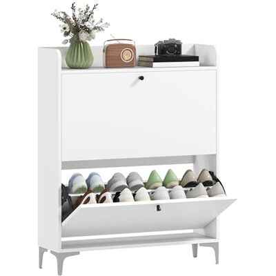 HOMCOM Meuble à Chaussures 16 Paires, Armoire à Chaussures étroite Moderne avec 2 tiroirs rabattables, étagères réglables et Plateau supérieur, pour Couloir et entrée, 80 x 24 x 101 cm, Blanc - Publicité HOMCOM Meuble à Chaussures 16 Paires, Armoire à Chaussures étroite Moderne avec 2 tiroirs rabattables, étagères réglables et Plateau supérieur, pour Couloir et entrée, 80 x 24 x 101 cm, Blanc - Publicité