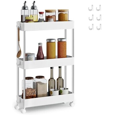SONGMICS Chariot, Chariot de Cuisine à 3 Niveaux, Étagère de Cuisine, Étagère Étroite, avec 6 Crochets, Structure en Acier, Salle de Bain, 14,4 x 42 x 60,6 cm, Blanc Nuage KSC007W01 - Publicité SONGMICS Chariot, Chariot de Cuisine à 3 Niveaux, Étagère de Cuisine, Étagère Étroite, avec 6 Crochets, Structure en Acier, Salle de Bain, 14,4 x 42 x 60,6 cm, Blanc Nuage KSC007W01 - Publicité