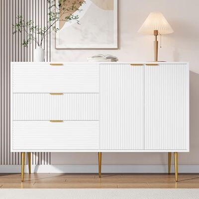 Merax Buffet 120L x 38l x 80,5 H cm avec poignées et pieds dorés, commode moderne à 3 tiroirs, 2 portes, multifonctionnelle pour salon et chambre à coucher, blanc et doré - Publicité Merax Buffet 120L x 38l x 80,5 H cm avec poignées et pieds dorés, commode moderne à 3 tiroirs, 2 portes, multifonctionnelle pour salon et chambre à coucher, blanc et doré - Publicité