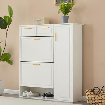 BTM B95/D24/H107.5 Armoire à chaussures moderne avec étagères réglables, poignées dorées, tiroirs et portes pliantes (blanc) - Publicité BTM B95/D24/H107.5 Armoire à chaussures moderne avec étagères réglables, poignées dorées, tiroirs et portes pliantes (blanc) - Publicité