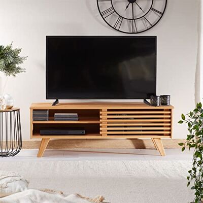 IDIMEX Meuble TV Sean Banc télé de 115 cm au Design Vintage avec 4 niches et 1 Porte coulissante ajourée, en pin Massif à la Finition teintée/cirée - Publicité IDIMEX Meuble TV Sean Banc télé de 115 cm au Design Vintage avec 4 niches et 1 Porte coulissante ajourée, en pin Massif à la Finition teintée/cirée - Publicité