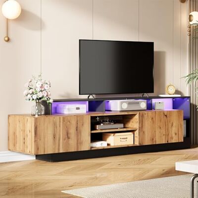 Merax Meuble TV avec éclairage LED Buffet bas pour TV jusqu'à 70" Avec 2 portes pliantes Compartiments ouverts Meuble TV pour salon, salle à manger, chambre à coucher Chêne et noir - Publicité Merax Meuble TV avec éclairage LED Buffet bas pour TV jusqu'à 70" Avec 2 portes pliantes Compartiments ouverts Meuble TV pour salon, salle à manger, chambre à coucher Chêne et noir - Publicité