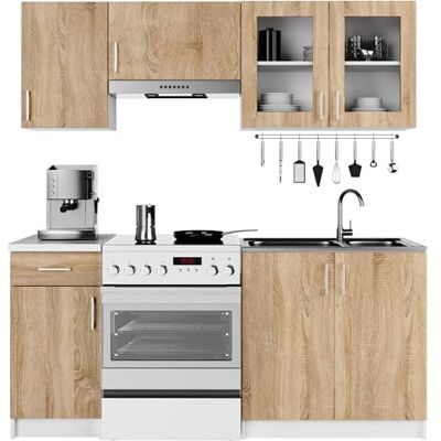 AKORD Kit de Meubles de Cuisine Lima 1.8m Complète Kitchen Cabinet Set Armoires de Cuisine & au Sol, Suspendues Tiroirs Meuble sous évier Blanc & Chêne Sonoma - Publicité AKORD Kit de Meubles de Cuisine Lima 1.8m Complète Kitchen Cabinet Set Armoires de Cuisine & au Sol, Suspendues Tiroirs Meuble sous évier Blanc & Chêne Sonoma - Publicité
