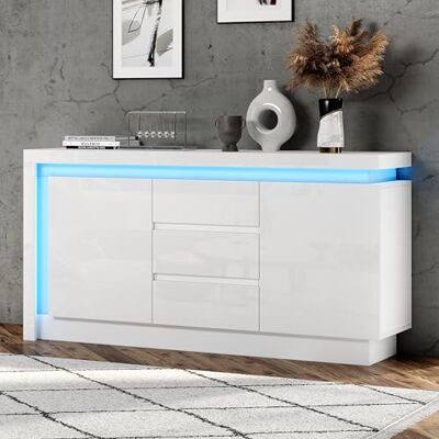 Merax Buffet blanc brillant avec LED, commode à 2 portes et 3 tiroirs, buffet, armoire multi-usage, avec beaucoup d'espace de rangement, armoire d'appoint pour salon, salle à manger, 140 cm - Publicité Merax Buffet blanc brillant avec LED, commode à 2 portes et 3 tiroirs, buffet, armoire multi-usage, avec beaucoup d'espace de rangement, armoire d'appoint pour salon, salle à manger, 140 cm - Publicité