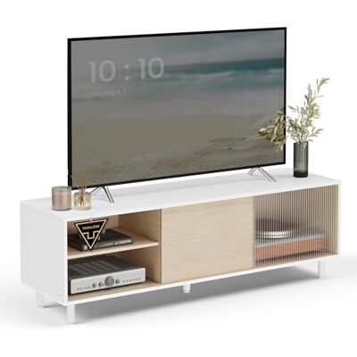VASAGLE Meuble TV, Assemblage Ultra-Rapide sans Outils Toolless, Table Télé, pour Téléviseur Jusqu’à 32/45/50/55/60 Pouces, Salon, Verre Cannelé, Moderne, 140 x 39 x 45 cm, Blanc LTV466W01 - Publicité VASAGLE Meuble TV, Assemblage Ultra-Rapide sans Outils Toolless, Table Télé, pour Téléviseur Jusqu’à 32/45/50/55/60 Pouces, Salon, Verre Cannelé, Moderne, 140 x 39 x 45 cm, Blanc LTV466W01 - Publicité