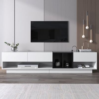 BTM Meuble TV, 3 Tiroirs et Compartiments, Banc Télé Rangement pour Salon ou Chambre, Meuble Tele Banc TV Salon, 190x40x42cm, Moderne Blanc et Noir - Publicité BTM Meuble TV, 3 Tiroirs et Compartiments, Banc Télé Rangement pour Salon ou Chambre, Meuble Tele Banc TV Salon, 190x40x42cm, Moderne Blanc et Noir - Publicité