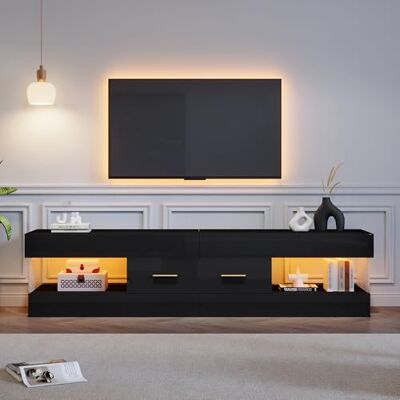 BTM Meuble TV avec Éclairage LED, Table Basse Télévision Salon, Meuble de Rangement Ouvert et Tiroirs, Meuble Bas Noir avec Plateau Verre Acrylique, Dimensions 152 x 35 x 40 cm - Publicité BTM Meuble TV avec Éclairage LED, Table Basse Télévision Salon, Meuble de Rangement Ouvert et Tiroirs, Meuble Bas Noir avec Plateau Verre Acrylique, Dimensions 152 x 35 x 40 cm - Publicité